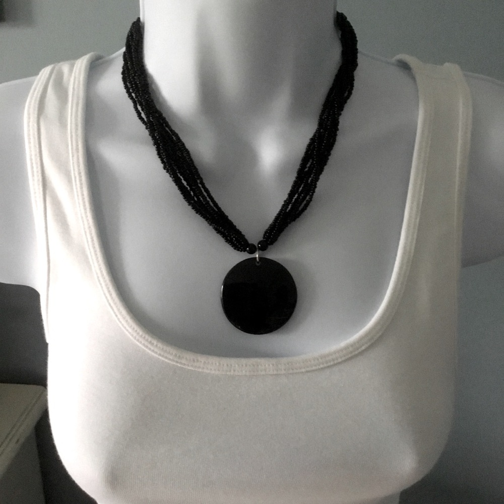 Black Beaded Necklace with Black Pendant